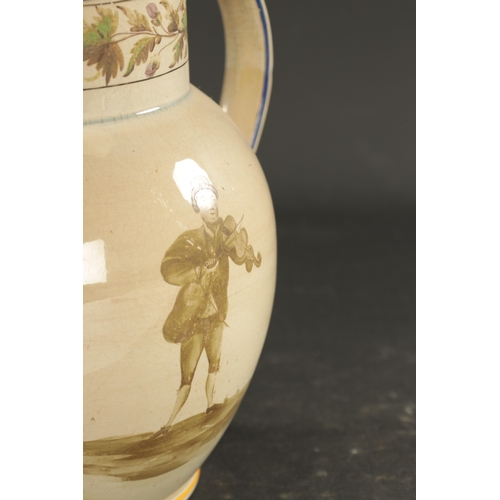 256 - A RARE PEARLWARE JUG PAINTED WITH A MUSICIAN INSCRIBED THOMAS JONES 1807 (23c high)