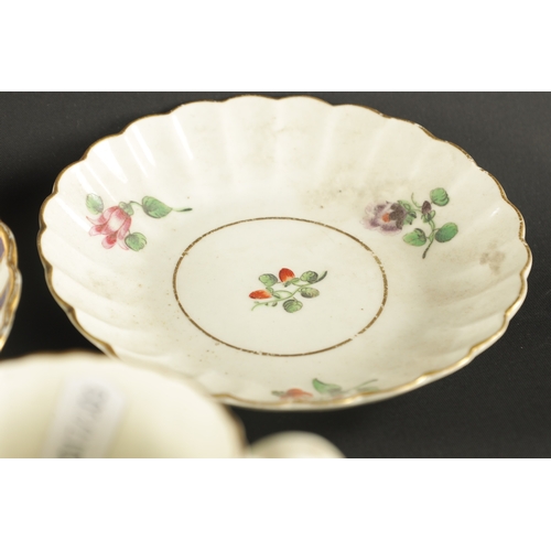 258 - A WORCESTER FLUTED CUP AND SAUCER PAINTED WITH FLOWERS CIRCA 1770, together with A DERBY PORCELAIN C... 