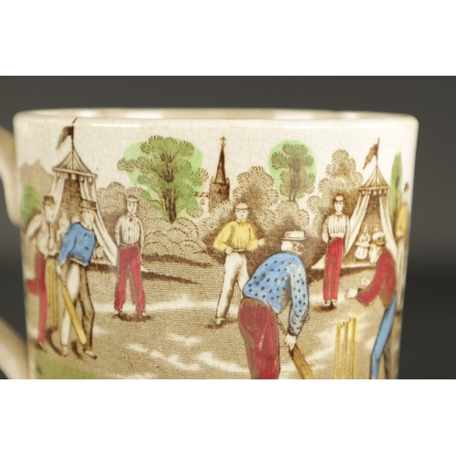 26 - A MID 19TH CENTURY MIDDLESBOROUGH POTTERY MUG printed and painted with a cricket scene TOGETHER WITH... 