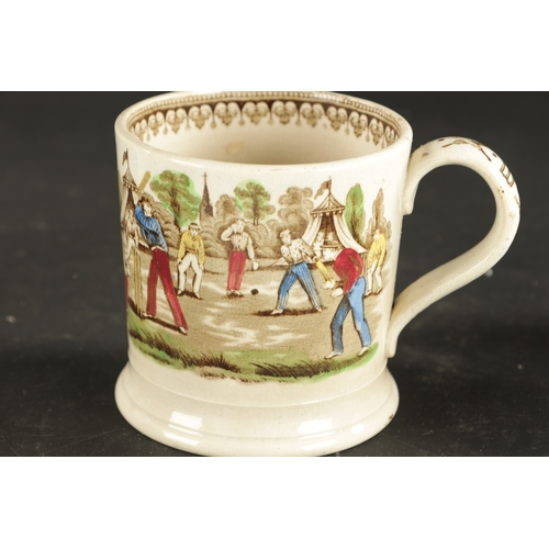 26 - A MID 19TH CENTURY MIDDLESBOROUGH POTTERY MUG printed and painted with a cricket scene TOGETHER WITH... 