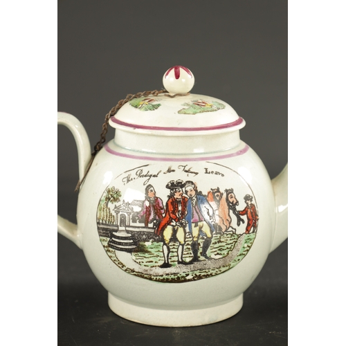 272 - A LATE 18TH CENTURY ENGLISH PEARLWARE TEAPOT WITH PRODIGAL SUN PRINTS together with two other pearlw... 