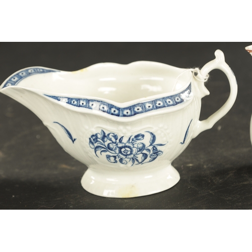 277 - A WORCESTER PORCELAIN SAUCE BOAT CIRCA 1770, together with FIVE WORCESTER SPARROW BEAK JUGS painted ... 