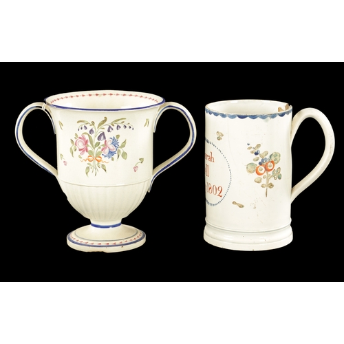 279 - A YORKSHIRE CREAMWARE MUG INSCRIBED JOHN AND SARAH MITCHELL KIGHLEY 1802 together with a PEARLWARE L... 