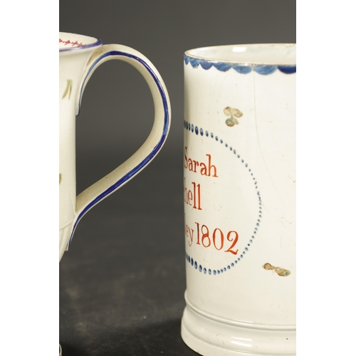 279 - A YORKSHIRE CREAMWARE MUG INSCRIBED JOHN AND SARAH MITCHELL KIGHLEY 1802 together with a PEARLWARE L... 