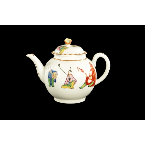 280 - A MID 18TH CENTURY WORCESTER PORCELAIN TEAPOT painted with a Pu Tai pattern (14cm high)