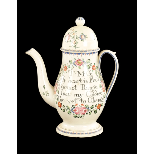 281 - A LATE 18TH CENTURY ENGLISH PEARLWARE COFFEE POT INSCRIBED WITH A RHYME AND INITIALS TMG (25cm high)