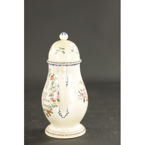 281 - A LATE 18TH CENTURY ENGLISH PEARLWARE COFFEE POT INSCRIBED WITH A RHYME AND INITIALS TMG (25cm high)