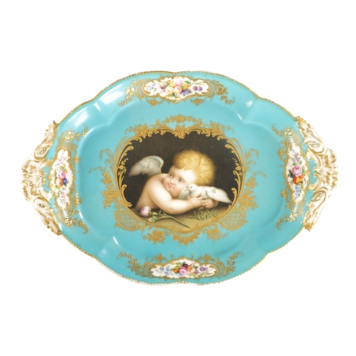 282 - A MID 19TH CENTURY MINTON PORCELAIN TRAY painted a cherub holding a dove (32cm across)