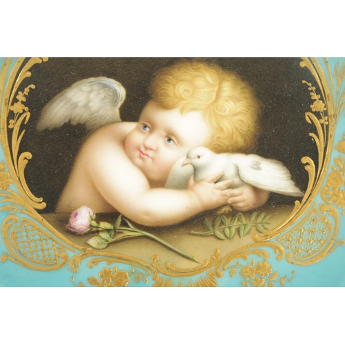 282 - A MID 19TH CENTURY MINTON PORCELAIN TRAY painted a cherub holding a dove (32cm across)