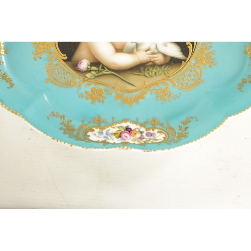 282 - A MID 19TH CENTURY MINTON PORCELAIN TRAY painted a cherub holding a dove (32cm across)