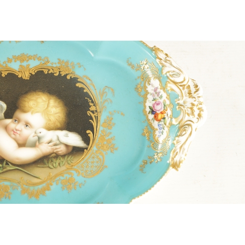 282 - A MID 19TH CENTURY MINTON PORCELAIN TRAY painted a cherub holding a dove (32cm across)