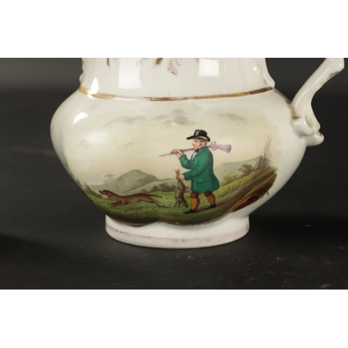 284 - A STAFFORDSHIRE JUG PAINTED WITH A MAN HUNTING AND A MAN FISHING CIRCA 1840, A STAFFORDSHIRE PORCELA... 