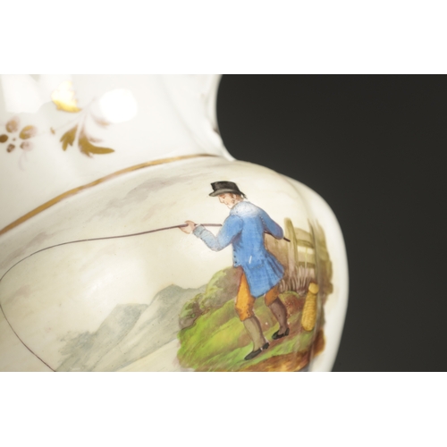 284 - A STAFFORDSHIRE JUG PAINTED WITH A MAN HUNTING AND A MAN FISHING CIRCA 1840, A STAFFORDSHIRE PORCELA... 