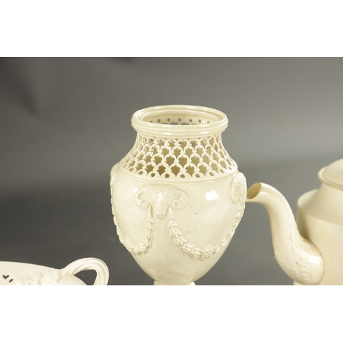 292 - A LATE 18TH CENTURY LEEDS CREAMWARE COFFEE POT AND TEAPOT together with three late other pieces comp... 