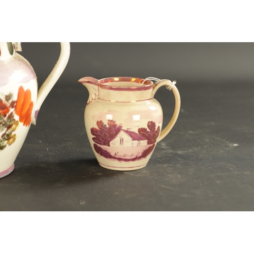 293 - AN EARLY 19TH CENTURY SUNDERLAND LUSTRE FARMER'S ARMS JUG, A MASON'S ARMS JUG AND A SMALL JUG (17cm ... 