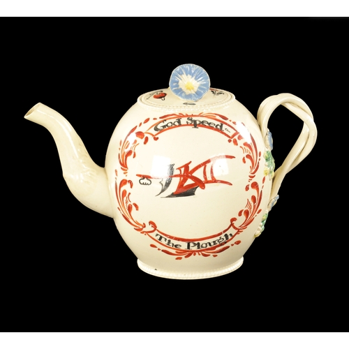 304 - AN 18TH CENTURY LEEDS CREAMWARE TEAPOT painted from the David Rhodes workshop 'God Speed the Plough'... 