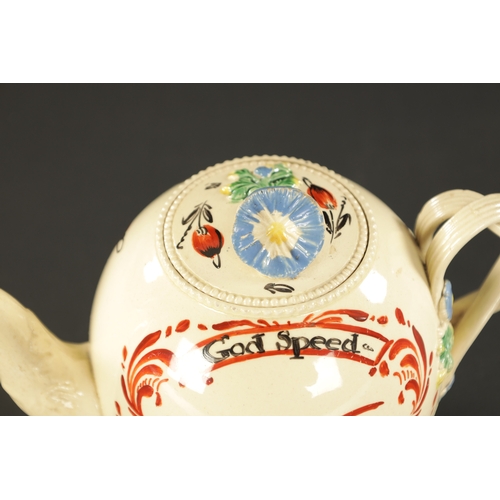 304 - AN 18TH CENTURY LEEDS CREAMWARE TEAPOT painted from the David Rhodes workshop 'God Speed the Plough'... 