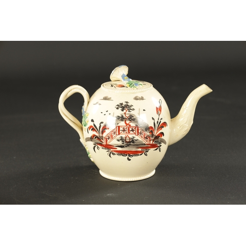 304 - AN 18TH CENTURY LEEDS CREAMWARE TEAPOT painted from the David Rhodes workshop 'God Speed the Plough'... 