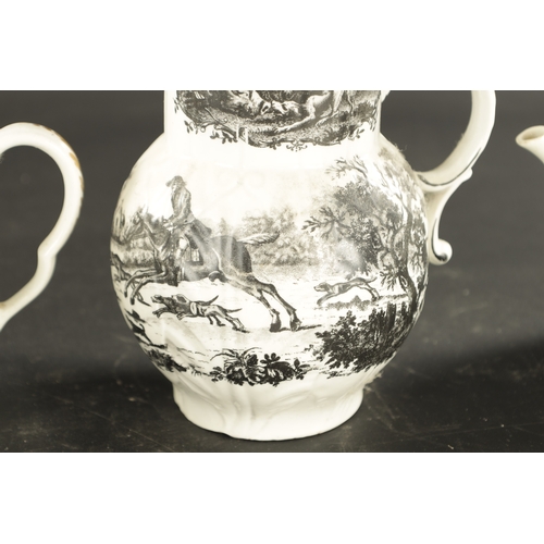 311 - A MID 18TH CENTURY WORCESTER CABBAGE LEAF MOULDED JUG WITH RARE HANCOCK FOX HUNTING PRINT together w... 