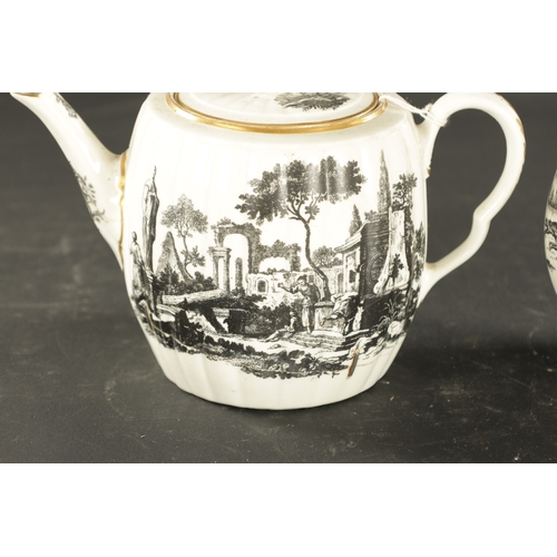 311 - A MID 18TH CENTURY WORCESTER CABBAGE LEAF MOULDED JUG WITH RARE HANCOCK FOX HUNTING PRINT together w... 