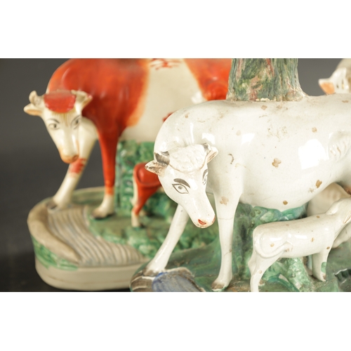 312 - TWO PAIRS OF STAFFORDSHIRE SPILL VASES WITH COWS AND CALVES CIRCA 1870, ALONG WITH TWO SIMILAR FIGUR... 