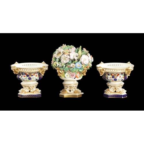 313 - A LATE 19TH CENTURY STEVENSON AND HANCOCK URN OF FLOWERS along with A PAIR OF DERBY POT POURRI paint... 