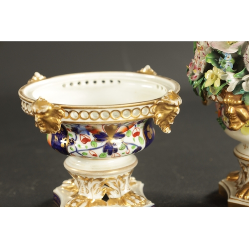 313 - A LATE 19TH CENTURY STEVENSON AND HANCOCK URN OF FLOWERS along with A PAIR OF DERBY POT POURRI paint... 