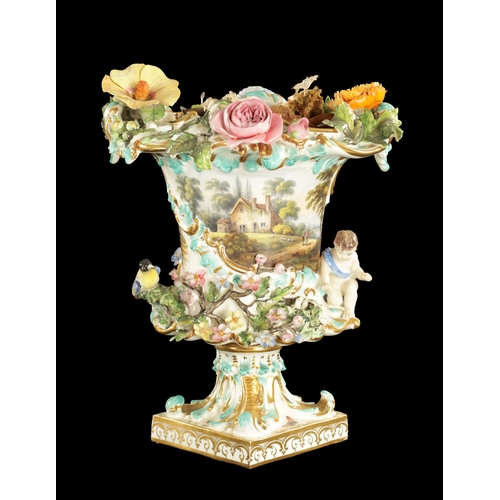 314 - A COALBROOKDALE PORCELAIN VASE ENCRUSTED WITH FLOWERS AND BIRDS WITH RURAL LANDSCAPES (27cm high)