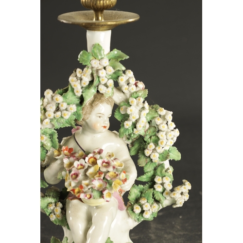 316 - A PAIR OF MID 18TH CENTURY DERBY PORCELAIN CANDLESTICKS of cherubs (26cm high )