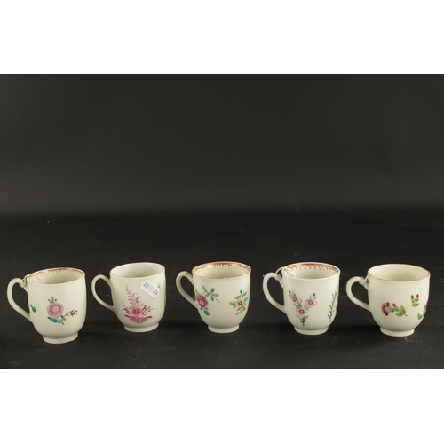 318 - A COLLECTION OF FIVE WORCESTER PORCELAIN COFFEE CUPS PAINTED WITH FLOWERS CIRCA 1775 (6.5cm high)