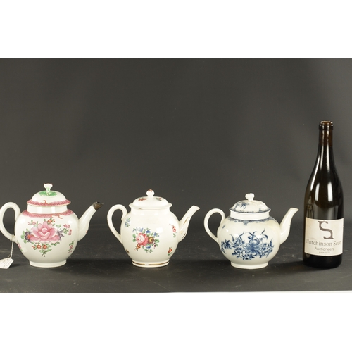 326 - THREE LATE 18TH CENTURY CAUGHLEY PORCELAIN TEAPOTS (17cm high and smaller)