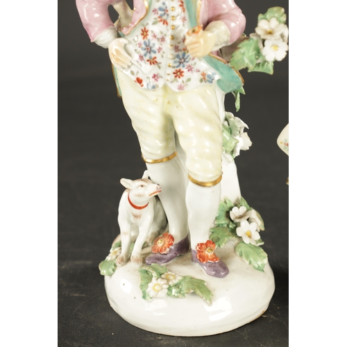 327 - A PAIR OF RARE LATE 18TH CENTURY DERBY PORCELAIN FIGURES OF MINUETTERS dressed in elaborate clothing... 