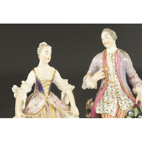 327 - A PAIR OF RARE LATE 18TH CENTURY DERBY PORCELAIN FIGURES OF MINUETTERS dressed in elaborate clothing... 