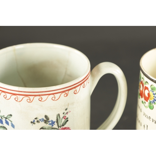 333 - A LATE 18TH CENTURY CREAMWARE MUG INSCRIBED WOMAN MAKES MEN LOVE together with a PEARLWARE MUG ename... 