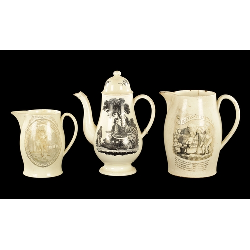 335 - A LATE 18TH CENTURY ENGLISH CREAMWARE COFFEE POT PRINTED WITH A COUPLE TAKING TEA AND A SHEPERD toge... 