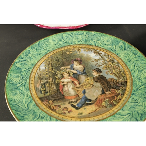 339 - A PAIR OF PRATTWARE PLATES CIRCA 1870 - the hop queen TOGETHER WITH TWO OTHER PLATES (24cm diameter)