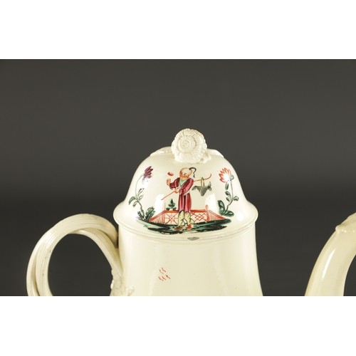 340 - AN 18TH CENTURY LEEDS CREAMWARE COFFEE POT decorated with Chinese figures in garden settings - ex Sh... 