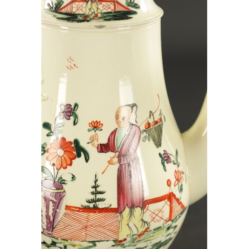 340 - AN 18TH CENTURY LEEDS CREAMWARE COFFEE POT decorated with Chinese figures in garden settings - ex Sh... 