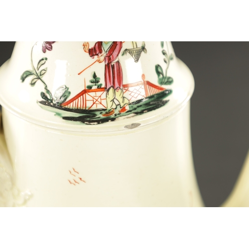 340 - AN 18TH CENTURY LEEDS CREAMWARE COFFEE POT decorated with Chinese figures in garden settings - ex Sh... 