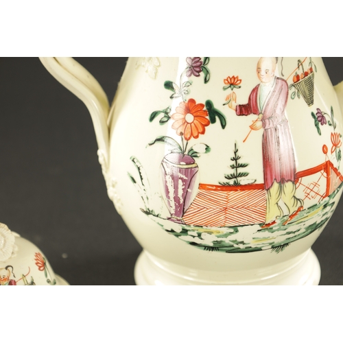 340 - AN 18TH CENTURY LEEDS CREAMWARE COFFEE POT decorated with Chinese figures in garden settings - ex Sh... 