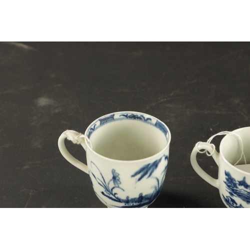 343 - A COLLECTION OF FOUR WORCESTER COFFEE CUPS PRINTED BLUE AND WHITE CHINOISERIE SCENES, THE OTHER WITH... 