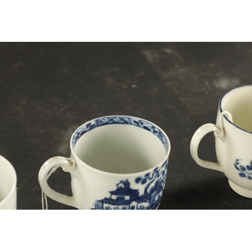 343 - A COLLECTION OF FOUR WORCESTER COFFEE CUPS PRINTED BLUE AND WHITE CHINOISERIE SCENES, THE OTHER WITH... 