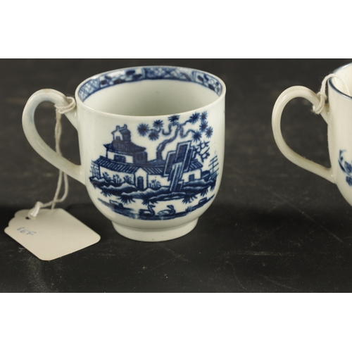 343 - A COLLECTION OF FOUR WORCESTER COFFEE CUPS PRINTED BLUE AND WHITE CHINOISERIE SCENES, THE OTHER WITH... 