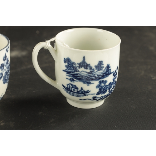 343 - A COLLECTION OF FOUR WORCESTER COFFEE CUPS PRINTED BLUE AND WHITE CHINOISERIE SCENES, THE OTHER WITH... 