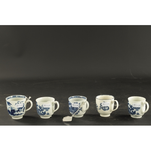 343 - A COLLECTION OF FOUR WORCESTER COFFEE CUPS PRINTED BLUE AND WHITE CHINOISERIE SCENES, THE OTHER WITH... 