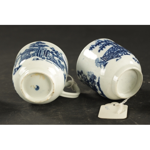 343 - A COLLECTION OF FOUR WORCESTER COFFEE CUPS PRINTED BLUE AND WHITE CHINOISERIE SCENES, THE OTHER WITH... 