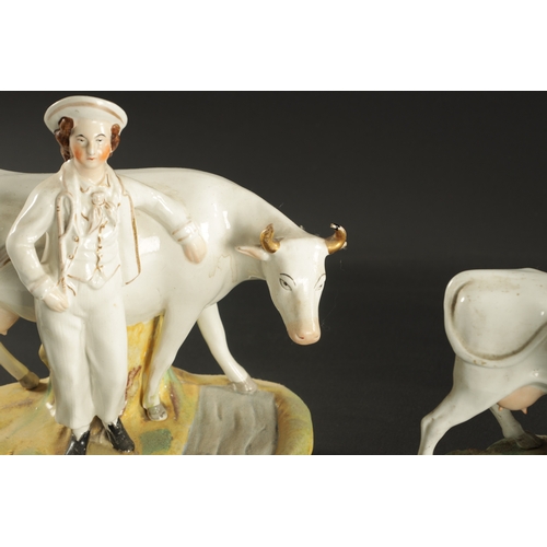 344 - A PAIR OF MID 19TH CENTURY STAFFORDSHIRE FIGURAL GROUPS comprising a cow, shepherd and milkmaid and ... 