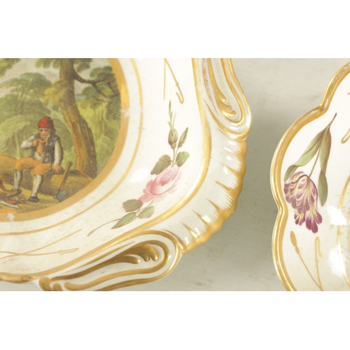 347 - TWO RARE SHELL-SHAPED PEOVER PORCELAIN DISHES CIRCA 1820 hand painted with figures in rural scenes a... 