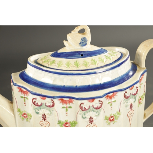 348 - THREE LATE 18TH CENTURY ENGLISH PORCELAIN TEAPOTS comprising a Prattware teapot decorated with flowe... 