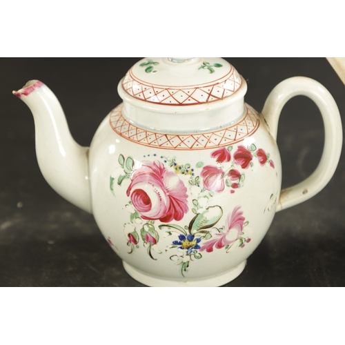 348 - THREE LATE 18TH CENTURY ENGLISH PORCELAIN TEAPOTS comprising a Prattware teapot decorated with flowe... 